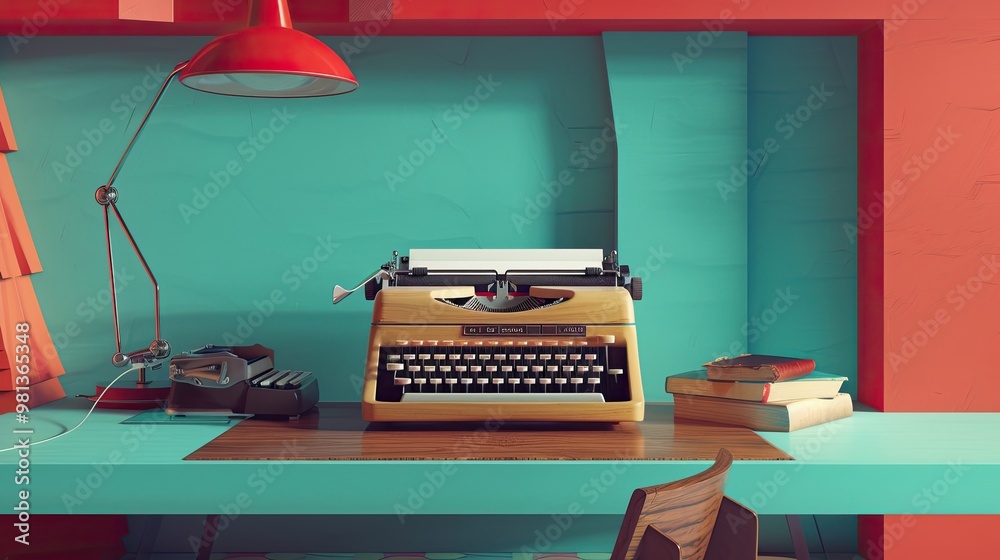 Fototapete Futurism-style typewriter and desk with sharp angles and modern design elements