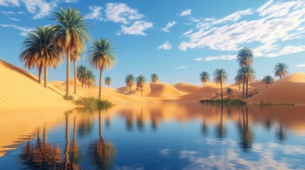 Obraz premium Palm Trees Reflecting in a Still Oasis Lake