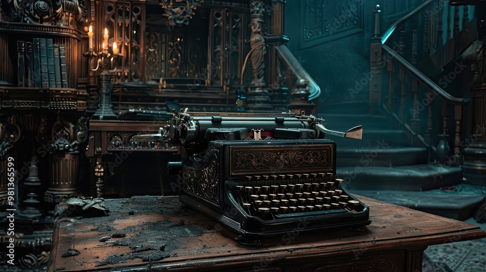 Fototapete gothic typewriter scene on ornate desk with intricate details and a brooding atmosphere