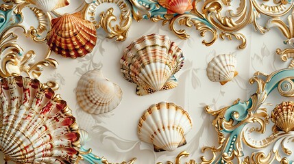 Baroque-style seashells on white background rich in intricate golden accents