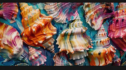 Fototapeta premium Bold spontaneous brushstrokes highlight colorful seashells with expressive energy