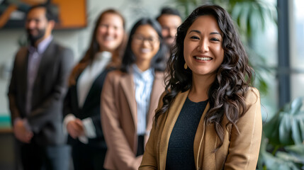 Obraz premium Happy smiling confident female Hispanic businesswoman team leader standing together with diverse multiethnic business group in office. Company professional multinational staff portrait