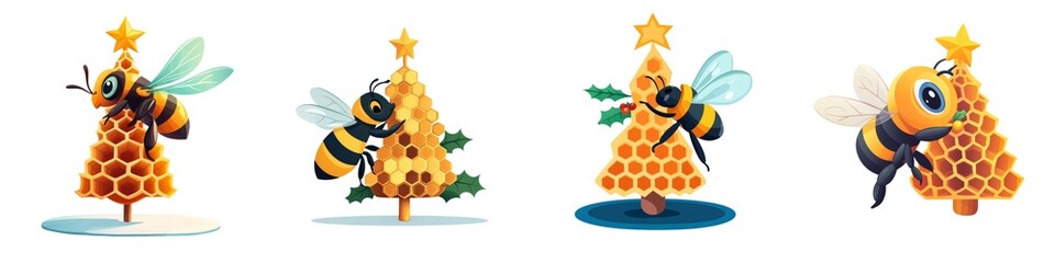 Obraz premium Colorful illustration of cute bees decorating honeycomb trees for a whimsical holiday theme.