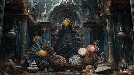 Obraz premium Dramatic gothic arrangement of seashells featuring intricate details and dark atmosphere