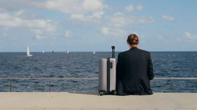 Tourist man with suitcase baggage in spain, A traveler with luggage suit jacket on business street go to a hotel, business office, airport terminal, enjoying the vibrant atmosphere
