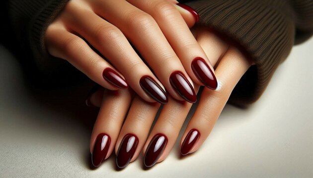 A close-up of a person&rsquo;s hands showcasing well-manicured nails with glossy burgundy nail polish.

