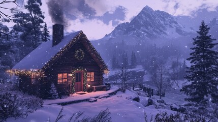 Serene Snowy Mountain Cabin with Christmas Decorations for a Perfect Holiday Escape