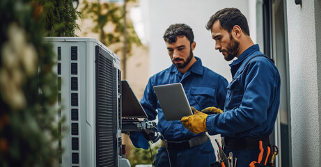 Two technicians in blue uniforms working with laptops to inspect and service an outdoor air conditioning unit, ensuring proper functionality.
