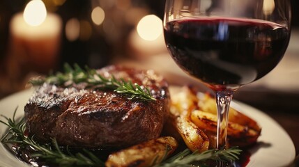 Intimate Wine and Steak Dinner with Elegant Setting and Cozy Atmosphere for Special Occasions