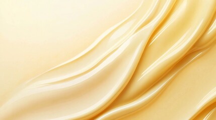 Closeup of yellow cream moisturizer smear on a beige background Wavy texture with copy space presented as a horizontal banner for skincare beauty product designs