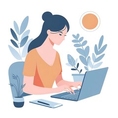 A flat-style illustration of a woman focused on her laptop. Ideal for work-from-home, business, tech, or freelance-related designs. Clean and simple composition on a white background.