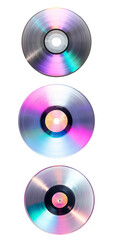 Vertical arrangement of three colorful compact discs on a white background. Perfect for music and technology themes.