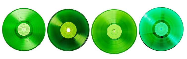 Four green vinyl records on a white background. Perfect for music, retro, and vintage-themed...