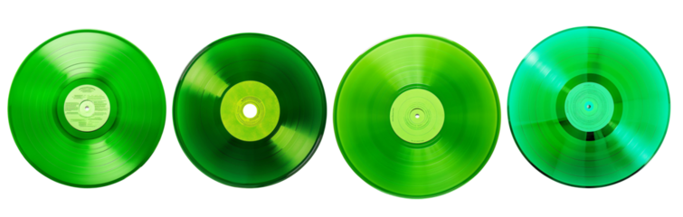 Four green vinyl records on a white background. Perfect for music, retro, and vintage-themed designs. High-quality and vibrant.