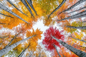 Looking up at the canopy of trees in autumn, from below, the colorful foliage contrasts with the bright sky Generative AI