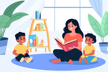 Teacher Reading to Attentive Children in a Classroom Setting – A Calm and Educational Illustration Highlighting Storytelling, Learning, and Early Childhood Education