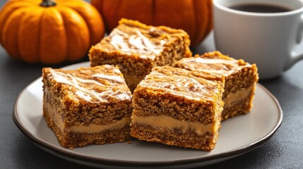 Enjoying pumpkin cream bars on a plate, accompanied by a warm cup of coffee. The festive atmosphere features vibrant pumpkins, enhancing the cozy autumn vibe
