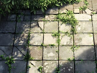 Overgrown Sidewalk Texture with Moss and Vines Covering Walkway Stones