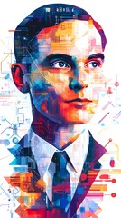 A vibrant and colorful illustration of young businessman, surrounded by the digital world he created in an abstract style