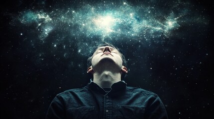 A man stands with his head tilted back, staring into a vast cosmic display filled with stars and swirling galaxies, contemplating the universe's wonders