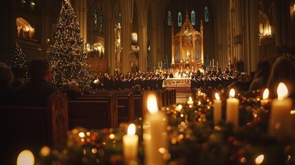 Obraz premium Serene Christmas Eve Candlelit Church Service with Choir and Nativity Scene