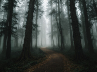 Fototapeta premium fog in the forest with tall, spooky trees