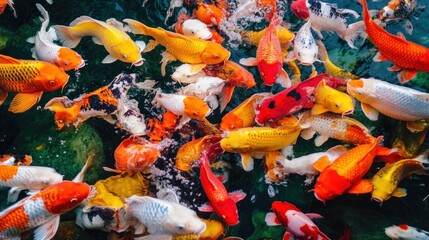 A lively group of koi fish in various colors swims gracefully in a crystal-clear pond surrounded by lush green aquatic plants, creating a serene atmosphere in the garden