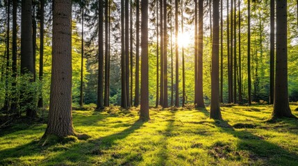 Fototapeta premium Morning light illuminates a lush green forest as sunlight streams between tall trees, casting gentle shadows on the soft, mossy ground below