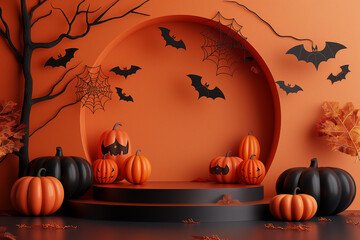 A Halloween scene with pumpkins and bats
