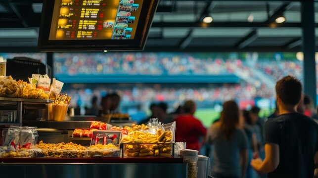 A vibrant concession stand displays various snacks in a lively stadium, with fans eagerly enjoying the game in the background and a bright menu board above