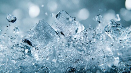 Obraz premium Close-up of Ice Cubes and Water Droplets with a Blue Background