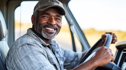 A cargo truck driver sits behind the wheel, smiling broadly as he enjoys a moment of confidence on a sunny day in a rural area