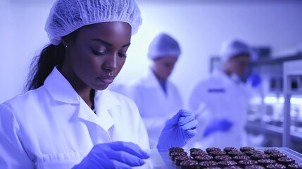 A professional in a white lab coat examines trays of chocolate samples in a sterile laboratory. This quality control inspection is crucial for ensuring product standards and safety