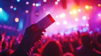 A fan excitedly showcases concert tickets high above their head while colorful stage lights illuminate the lively audience during a performance