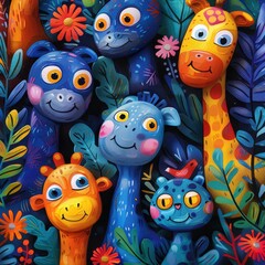 Obraz premium cute animal characters, children's room, animation, cartoon, fun, illustration, wallpaper, background