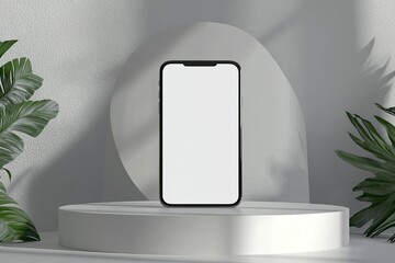 Mobile phone with a blank screen on podium. Mockup template of modern smartphone. 3d rendering.generative ai