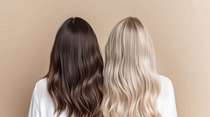 Two women stand back to back, displaying their long, wavy hair in contrasting shades of brown and blonde against a simple light-colored background