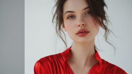 Fashion portrait of a beautiful young woman in a photo studio, white background.