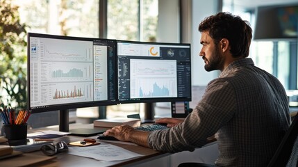 A man is sitting at his desk, concentrating on two large monitors that display complex data graphs and analytics, while surrounded by a well-organized workspace