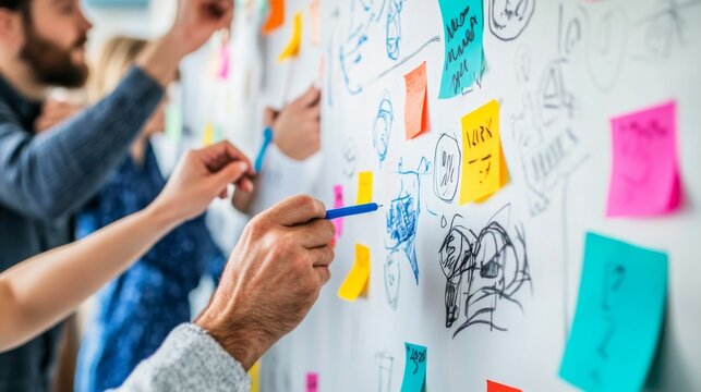 A diverse group of professionals engages in a collaborative brainstorming session at a whiteboard, surrounded by colorful sticky notes filled with ideas and sketches