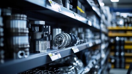 A closeup view of an organized shelf featuring various auto parts neatly arranged, highlighting the extensive selection available for customers in the store