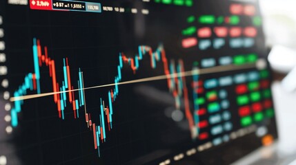 A digital display shows a vibrant and dynamic range of stock market indicators, including price fluctuations and trading volume during active trading hours