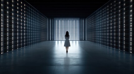 Fototapeta premium A contemplative figure stands in a vast, modern space illuminated by rows of lights, conveying themes of isolation and introspection, Ideal for articles on solitude, architecture