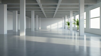 A spacious, minimally decorated interior features smooth concrete flooring, tall white pillars, and large windows. Sunlight floods the area, highlighting potted plants near the windows