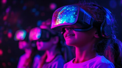 A group of children experiences an exciting activity using virtual reality headsets, fully engaged and enjoying a colorful, immersive digital environment