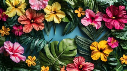 Obraz premium This arrangement showcases a variety of brightly colored hibiscus flowers and palm leaves, embodying a tropical theme perfect for festive occasions and celebrations