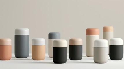 A collection of colorful thermoses