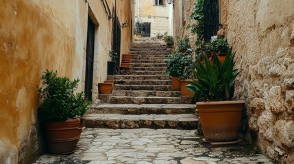 Obraz premium Scenic Italian Charm Stone Steps, Warm Hues, and Lush Potted Plants Enchant a Mediterranean Street