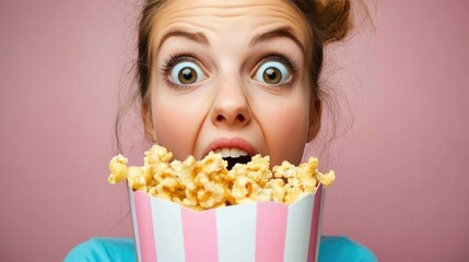 A young woman with wide eyes and a joyful expression embraces a large container of popcorn, ready for an exciting movie night filled with laughter and enjoyment