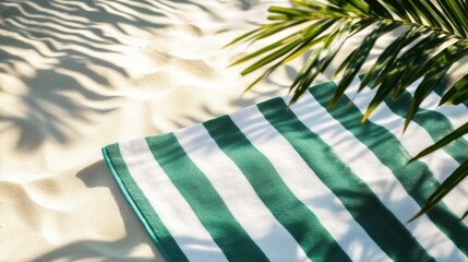 Close-Up of Striped Green Towel on Sandy Shore